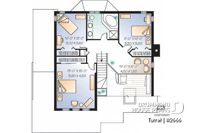 2nd level - Modern 3 bedroom home plan, den, mezzanine, open floor plan, kitchen island - Turret