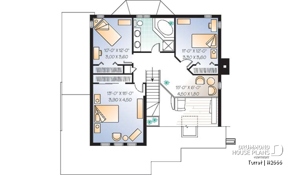 2nd level - Modern 3 bedroom home plan, den, mezzanine, open floor plan, kitchen island - Turret