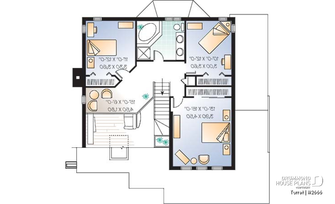 2nd level - Modern 3 bedroom home plan, den, mezzanine, open floor plan, kitchen island - Turret