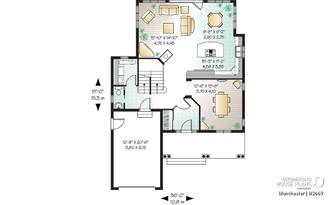 1st level - Affordable and Small Tudor house plan, master suite, large covered rear balcony, 9' ceiling on main - Manchester