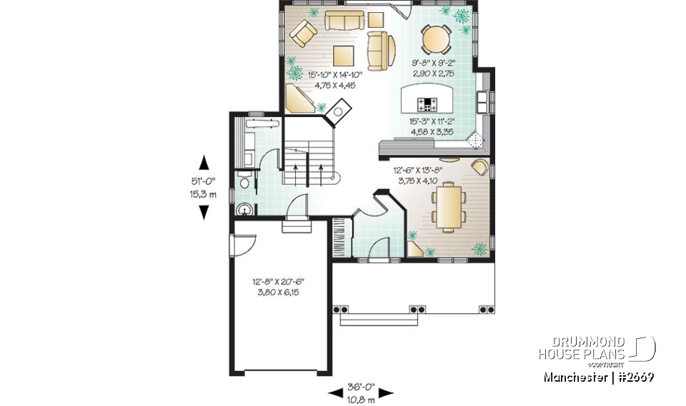 1st level - Affordable and Small Tudor house plan, master suite, large covered rear balcony, 9' ceiling on main - Manchester