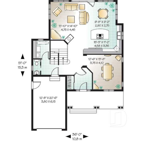 1st level - Affordable and Small Tudor house plan, master suite, large covered rear balcony, 9' ceiling on main - Manchester