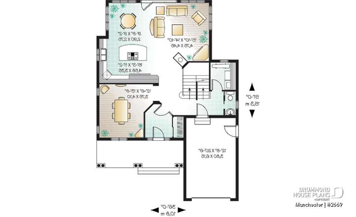 1st level - Affordable and Small Tudor house plan, master suite, large covered rear balcony, 9' ceiling on main - Manchester