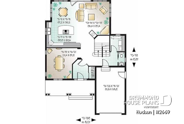 1st level - Affordable and Small Tudor house plan, master suite, large covered rear balcony, 9' ceiling on main - Manchester