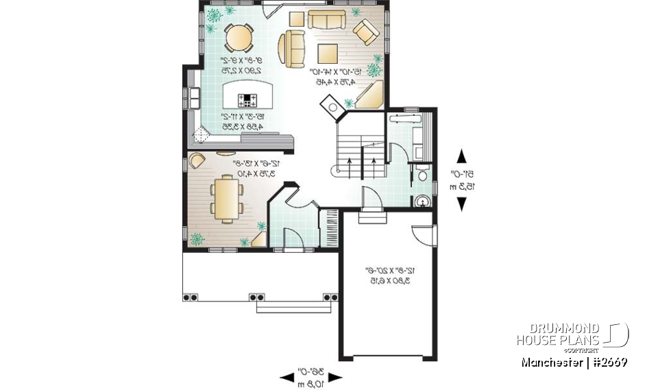 1st level - Affordable and Small Tudor house plan, master suite, large covered rear balcony, 9' ceiling on main - Manchester