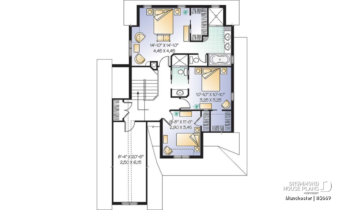 2nd level - Affordable and Small Tudor house plan, master suite, large covered rear balcony, 9' ceiling on main - Manchester