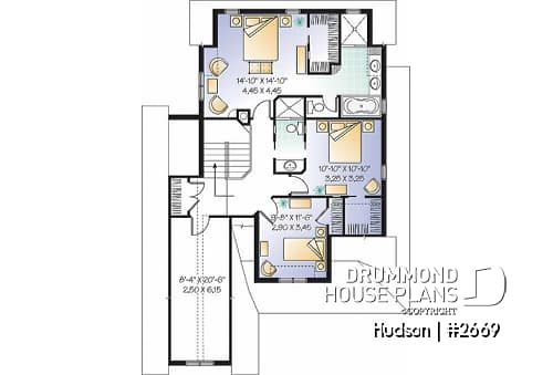 2nd level - Affordable and Small Tudor house plan, master suite, large covered rear balcony, 9' ceiling on main - Manchester
