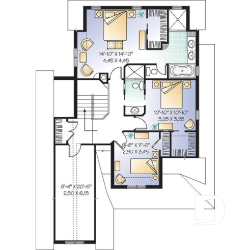 2nd level - Affordable and Small Tudor house plan, master suite, large covered rear balcony, 9' ceiling on main - Manchester