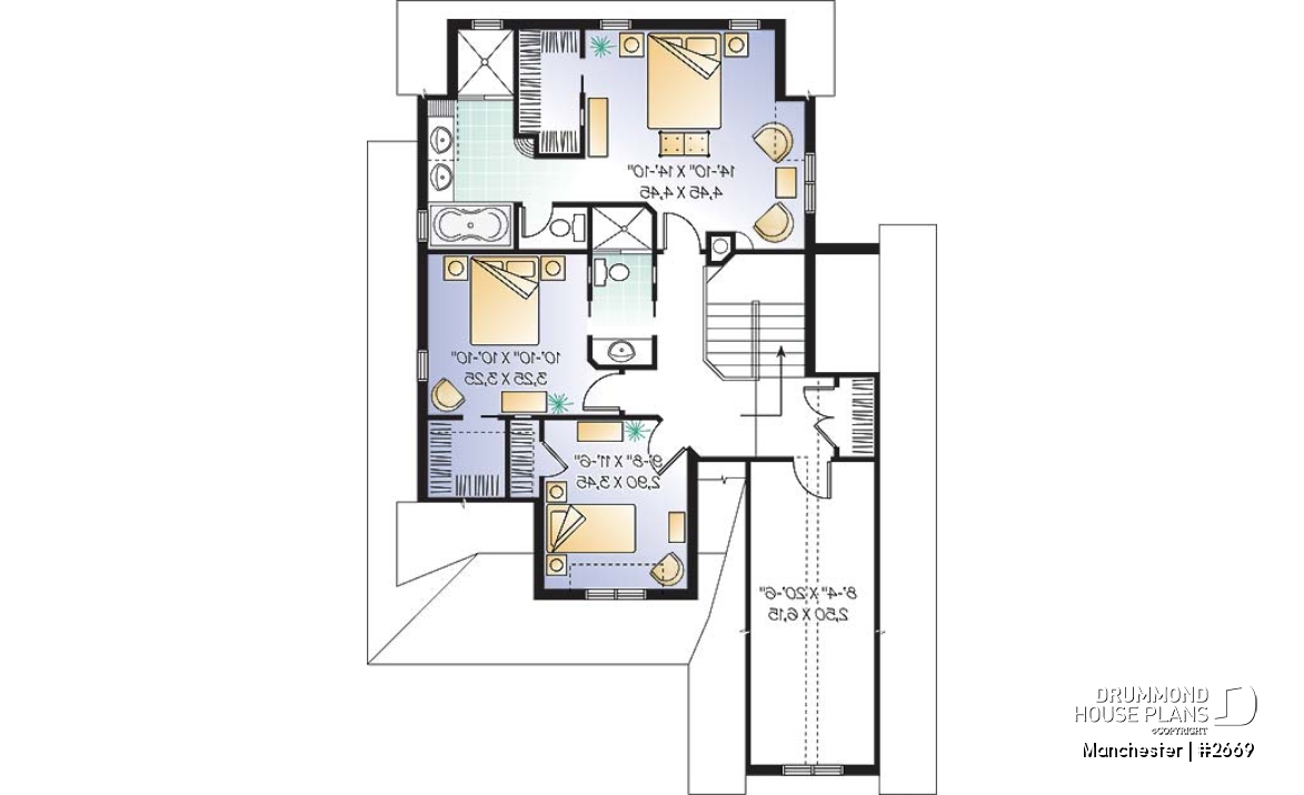 2nd level - Affordable and Small Tudor house plan, master suite, large covered rear balcony, 9' ceiling on main - Manchester