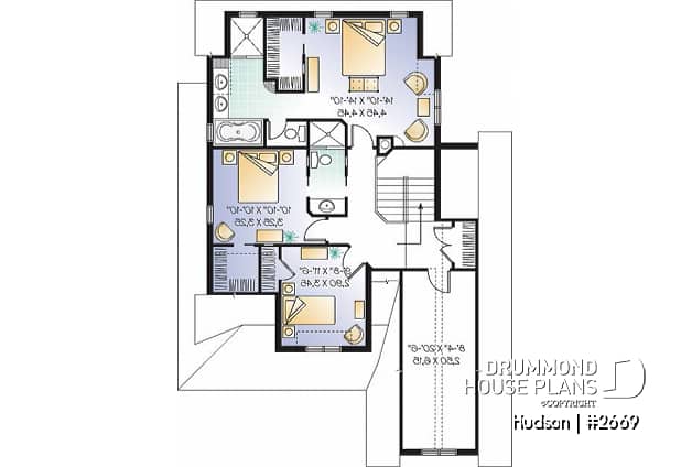 2nd level - Affordable and Small Tudor house plan, master suite, large covered rear balcony, 9' ceiling on main - Manchester