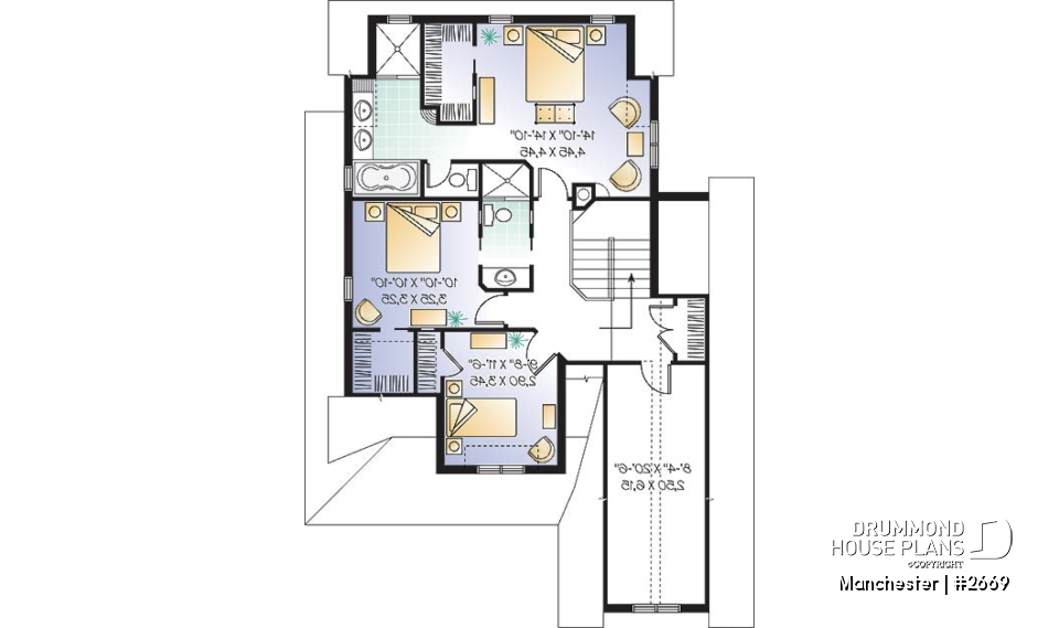 2nd level - Affordable and Small Tudor house plan, master suite, large covered rear balcony, 9' ceiling on main - Manchester