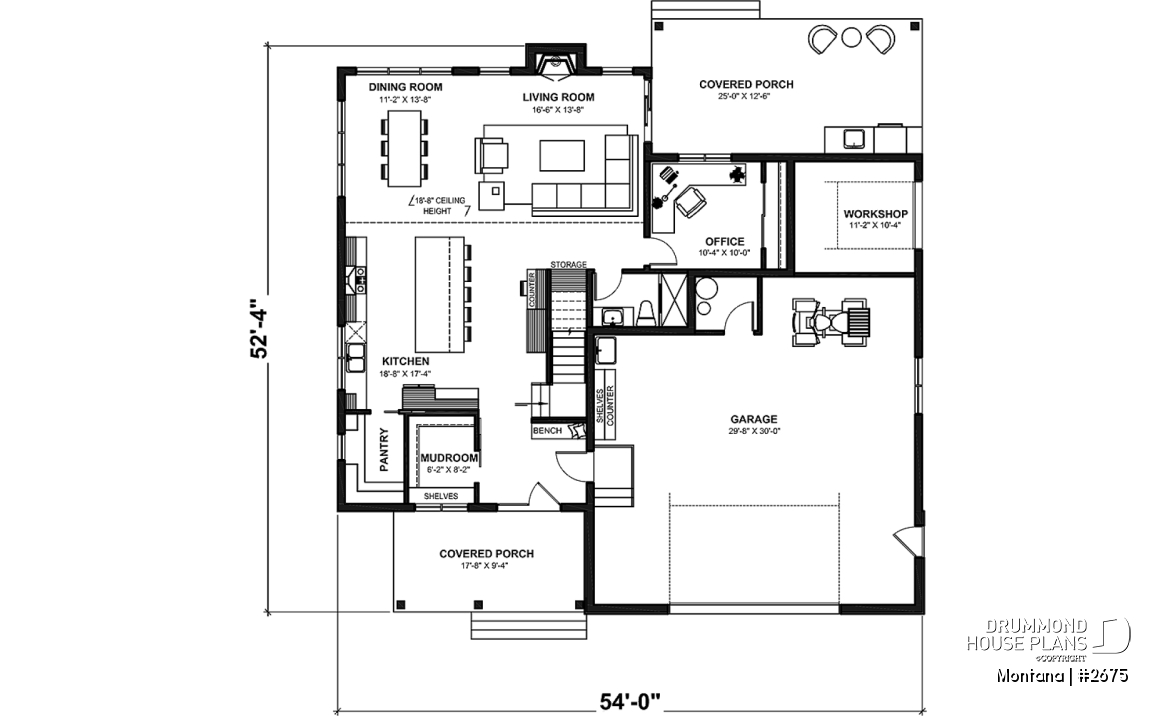 1st level - 3 to 4 bedroom house plan + home office + workshop, spacious garage, pantry, mudroom,  - Montana