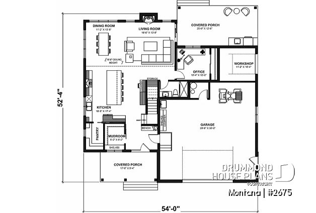 1st level - 3 to 4 bedroom house plan + home office + workshop, spacious garage, pantry, mudroom,  - Montana