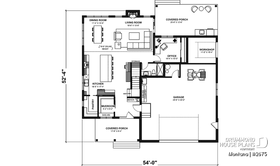 1st level - 3 to 4 bedroom house plan + home office + workshop, spacious garage, pantry, mudroom,  - Montana