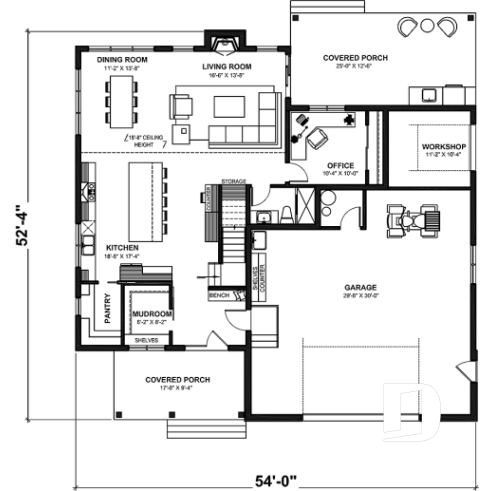 1st level - 3 to 4 bedroom house plan + home office + workshop, spacious garage, pantry, mudroom,  - Montana