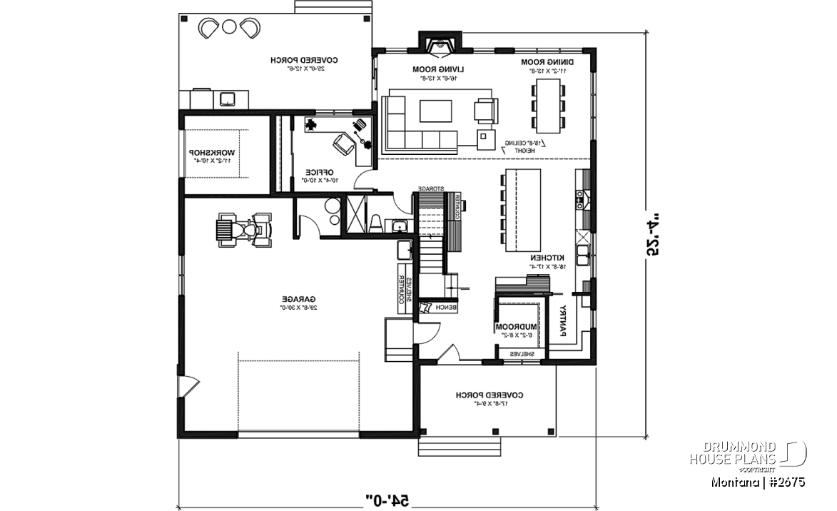 1st level - 3 to 4 bedroom house plan + home office + workshop, spacious garage, pantry, mudroom,  - Montana