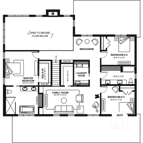 2nd level - 3 to 4 bedroom house plan + home office + workshop, spacious garage, pantry, mudroom,  - Montana