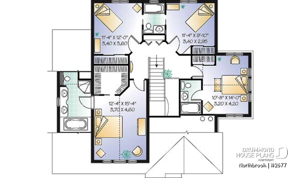 2nd level - 2-story house plan with 2 master suites, total 4 bedrooms 3.5 baths, home office, 2-car garage, lots of light - Northbrook