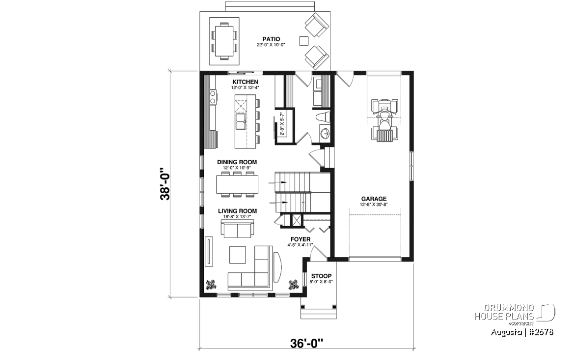 1st level - Affordable Cape Cod style house plan, 3 bedrooms, garage, kitchen with pantry, laundry room on main floor - Augusta