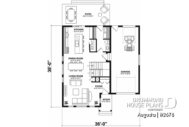 1st level - Affordable Cape Cod style house plan, 3 bedrooms, garage, kitchen with pantry, laundry room on main floor - Augusta