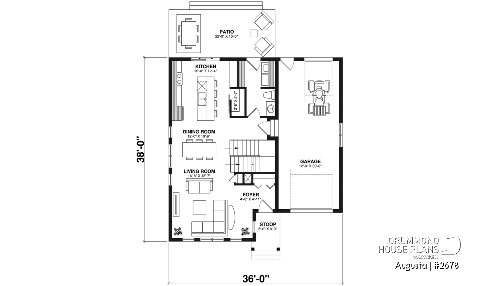 1st level - Affordable Cape Cod style house plan, 3 bedrooms, garage, kitchen with pantry, laundry room on main floor - Augusta