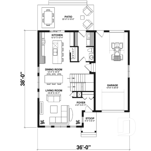 1st level - Affordable Cape Cod style house plan, 3 bedrooms, garage, kitchen with pantry, laundry room on main floor - Augusta
