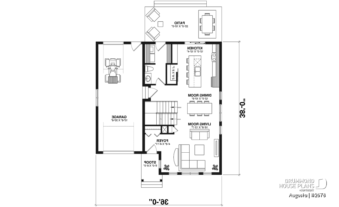 1st level - Affordable Cape Cod style house plan, 3 bedrooms, garage, kitchen with pantry, laundry room on main floor - Augusta