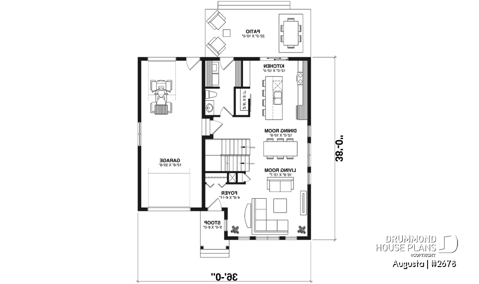 1st level - Affordable Cape Cod style house plan, 3 bedrooms, garage, kitchen with pantry, laundry room on main floor - Augusta
