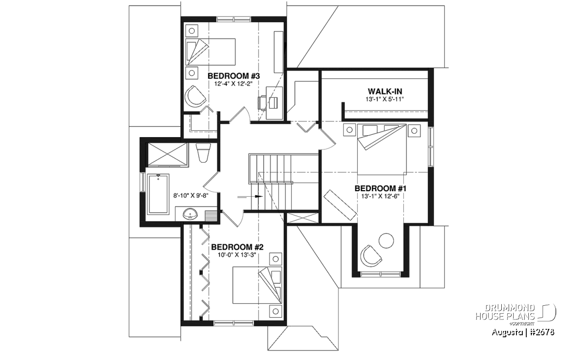2nd level - Affordable Cape Cod style house plan, 3 bedrooms, garage, kitchen with pantry, laundry room on main floor - Augusta