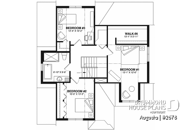 2nd level - Affordable Cape Cod style house plan, 3 bedrooms, garage, kitchen with pantry, laundry room on main floor - Augusta