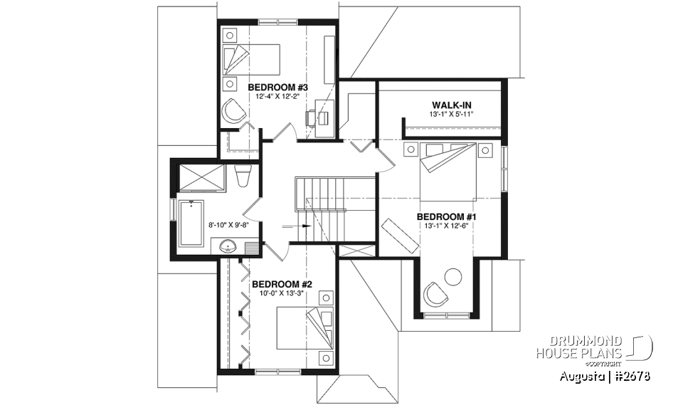 2nd level - Affordable Cape Cod style house plan, 3 bedrooms, garage, kitchen with pantry, laundry room on main floor - Augusta