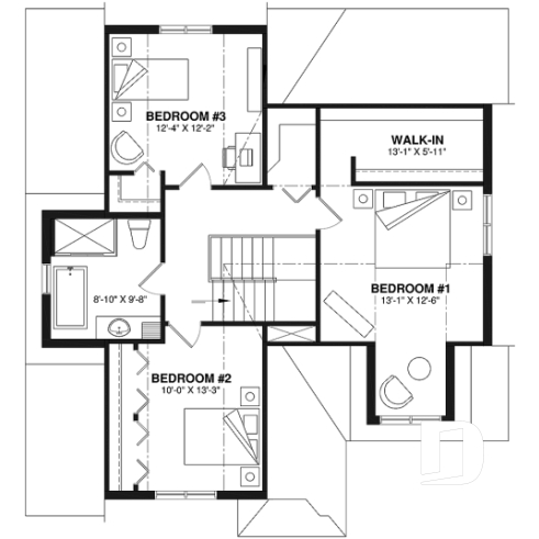 2nd level - Affordable Cape Cod style house plan, 3 bedrooms, garage, kitchen with pantry, laundry room on main floor - Augusta