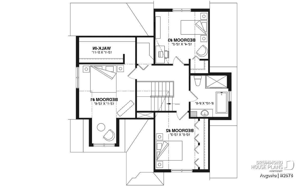 2nd level - Affordable Cape Cod style house plan, 3 bedrooms, garage, kitchen with pantry, laundry room on main floor - Augusta