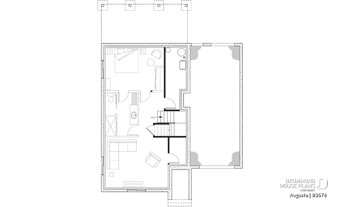 Finished basement - Affordable Cape Cod style house plan, 3 bedrooms, garage, kitchen with pantry, laundry room on main floor - Augusta