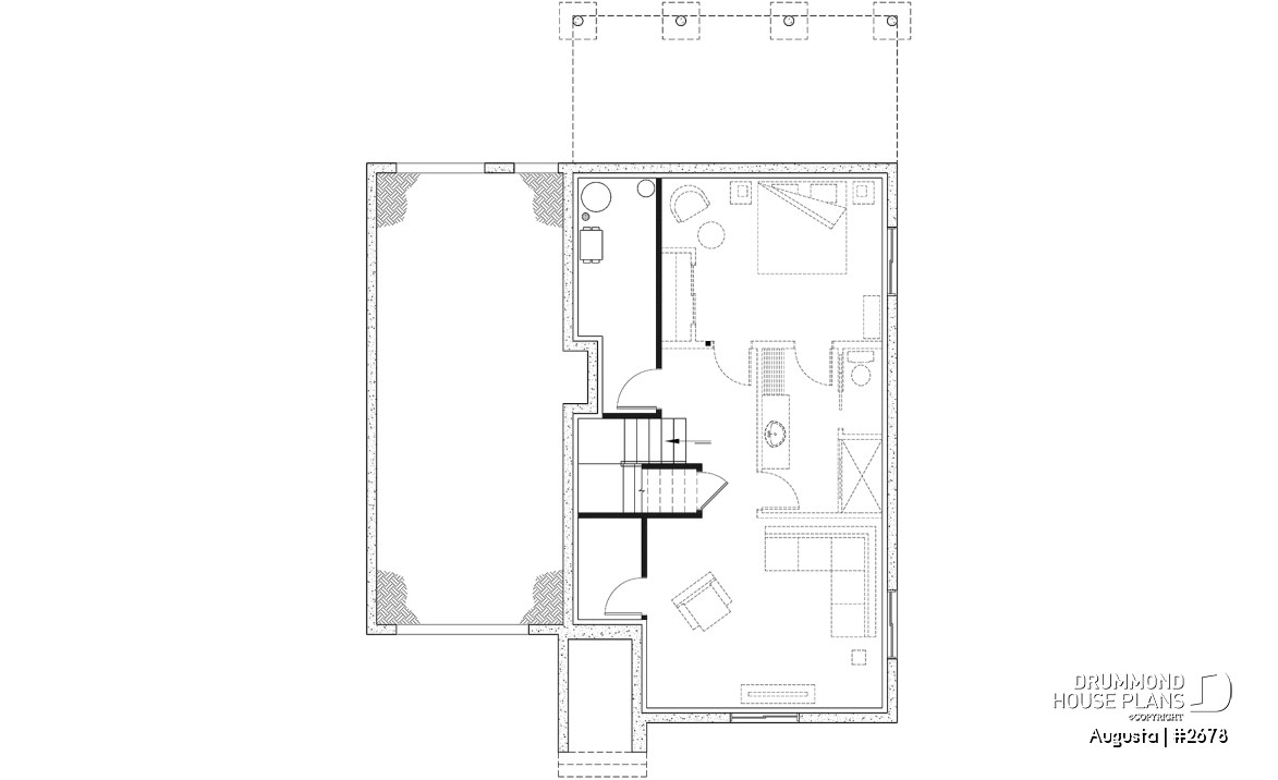 Finished basement - Affordable Cape Cod style house plan, 3 bedrooms, garage, kitchen with pantry, laundry room on main floor - Augusta