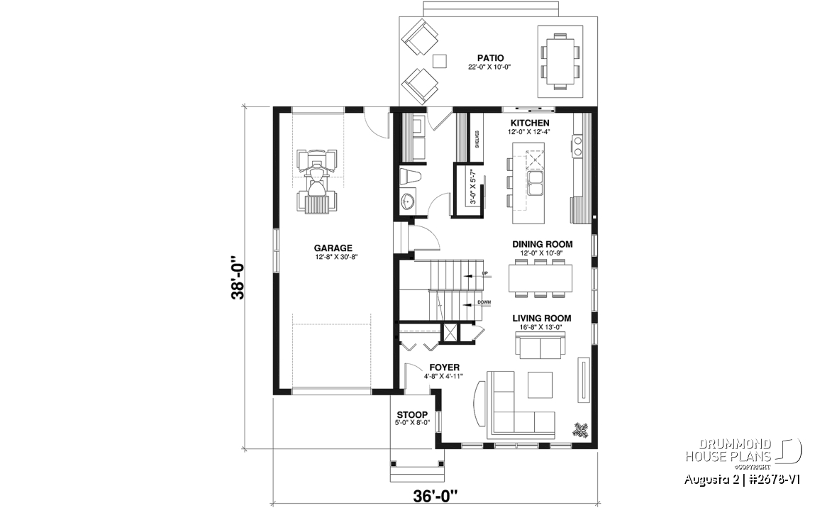 1st level - Traditional Country House Design with master suite, 3 to 4 Bedrooms, Deep Garage and Expandable Basement - Augusta 2