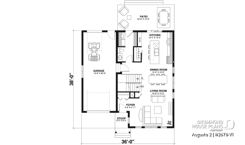 1st level - Traditional Country House Design with master suite, 3 to 4 Bedrooms, Deep Garage and Expandable Basement - Augusta 2