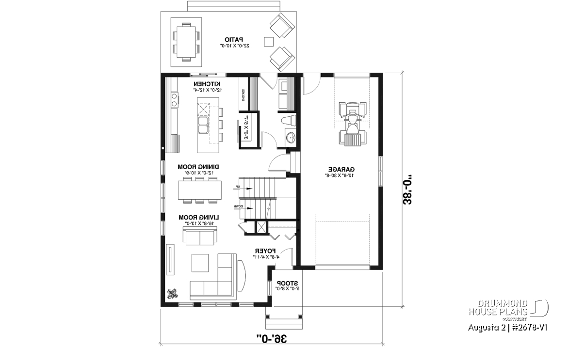 1st level - Traditional Country House Design with master suite, 3 to 4 Bedrooms, Deep Garage and Expandable Basement - Augusta 2