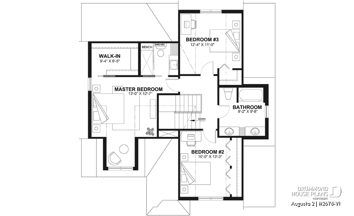 2nd level - Traditional Country House Design with master suite, 3 to 4 Bedrooms, Deep Garage and Expandable Basement - Augusta 2