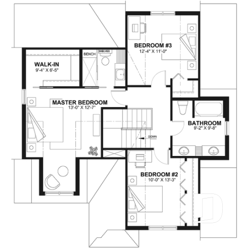 2nd level - Traditional Country House Design with master suite, 3 to 4 Bedrooms, Deep Garage and Expandable Basement - Augusta 2
