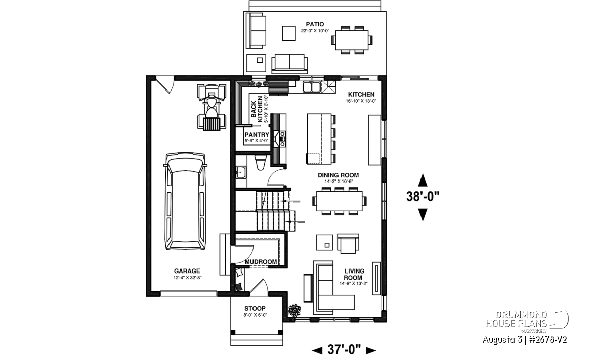 1st level - 3 bedroom 2-story house plan with garage, large kitchen, pantry, mudroom, beautiful style - Augusta 3