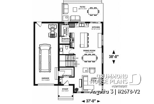 1st level - 3 bedroom 2-story house plan with garage, large kitchen, pantry, mudroom, beautiful style - Augusta 3