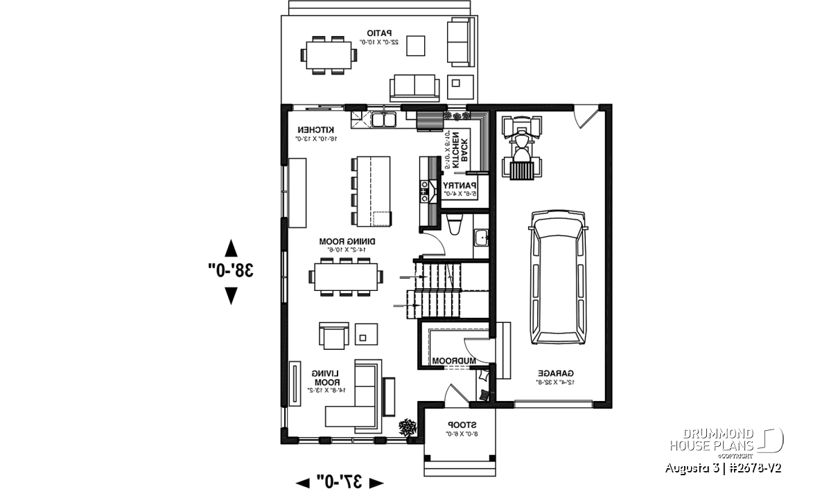 1st level - 3 bedroom 2-story house plan with garage, large kitchen, pantry, mudroom, beautiful style - Augusta 3
