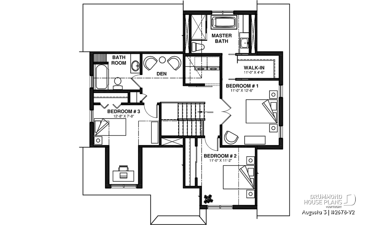 2nd level - 3 bedroom 2-story house plan with garage, large kitchen, pantry, mudroom, beautiful style - Augusta 3