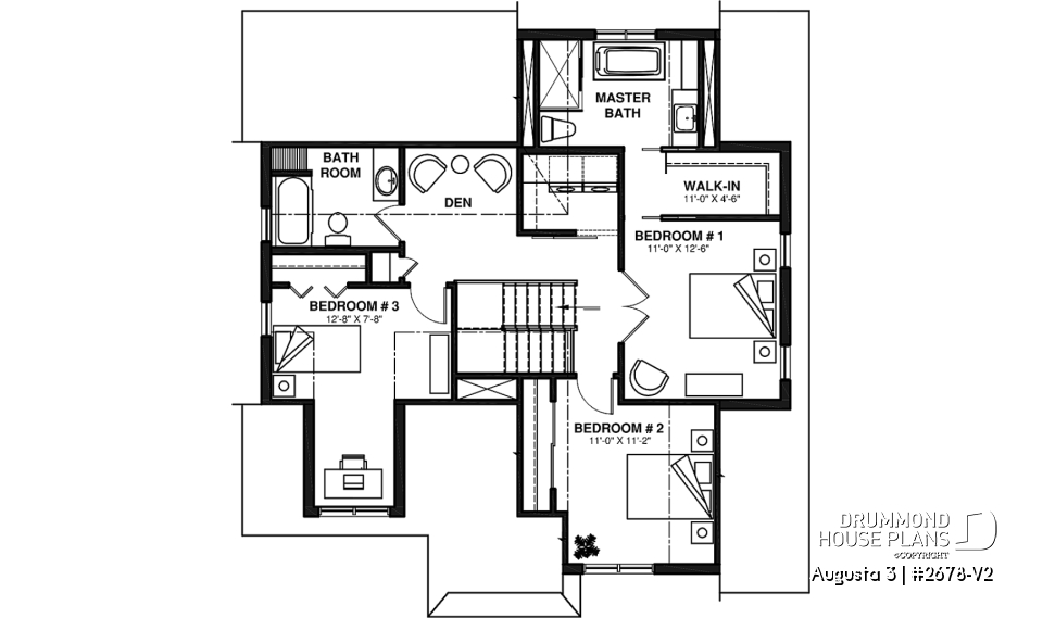 2nd level - 3 bedroom 2-story house plan with garage, large kitchen, pantry, mudroom, beautiful style - Augusta 3