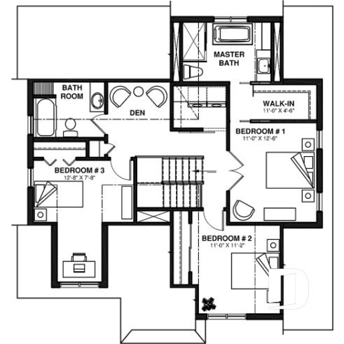 2nd level - 3 bedroom 2-story house plan with garage, large kitchen, pantry, mudroom, beautiful style - Augusta 3