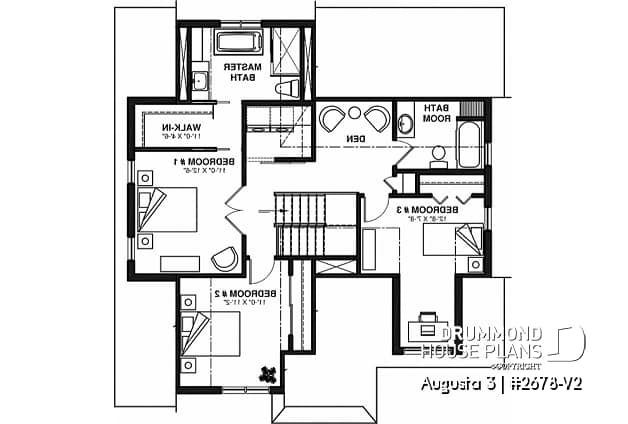 2nd level - 3 bedroom 2-story house plan with garage, large kitchen, pantry, mudroom, beautiful style - Augusta 3