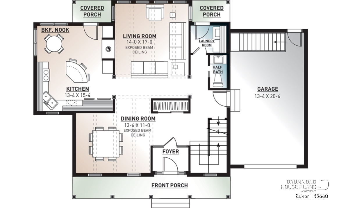 1st level - Beautiful small farmhouse house plan, low-building cost, master suite, garage, breakfast nook - Baker