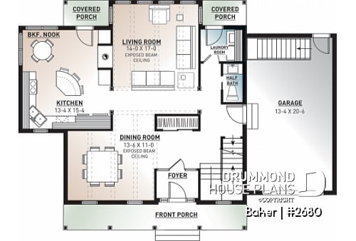 1st level - Beautiful small farmhouse house plan, low-building cost, master suite, garage, breakfast nook - Baker