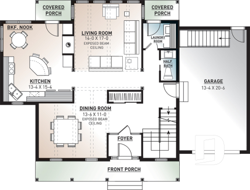 1st level - Beautiful small farmhouse house plan, low-building cost, master suite, garage, breakfast nook - Baker